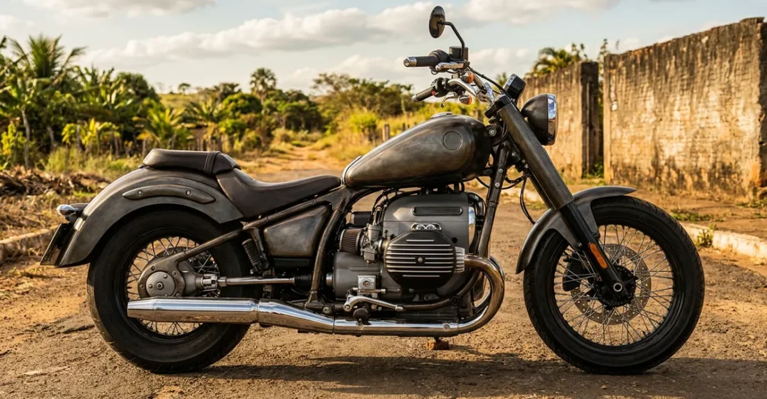 Amazonas 1600 clássica estacionada, destacando o visual robusto e a curiosa combinação de moto brasileira com motor de Fusca.