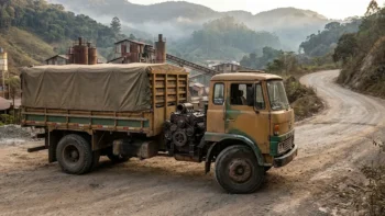 Caminhão antigo com motor rotativo em contexto histórico, representando uma tentativa incomum de aplicar motor Wankel em veículo de carga.