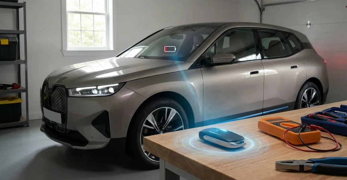Chave presencial próxima de um carro na garagem, ilustrando o risco de consumo excessivo da bateria do veículo.