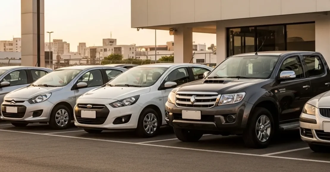Cinco carros usados subestimados estacionados em uma loja, representando boas opções de compra no mercado de seminovos.