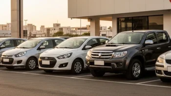 Cinco carros usados subestimados estacionados em uma loja, representando boas opções de compra no mercado de seminovos.