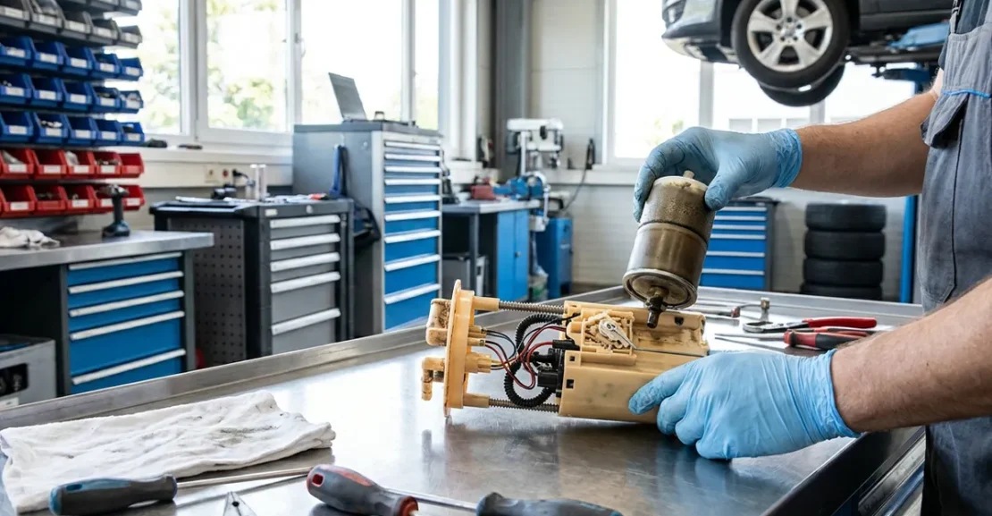 Conjunto da bomba de combustível com filtro interno dentro do tanque, ilustrando o sistema que exige menos manutenção, mas encarece a troca.