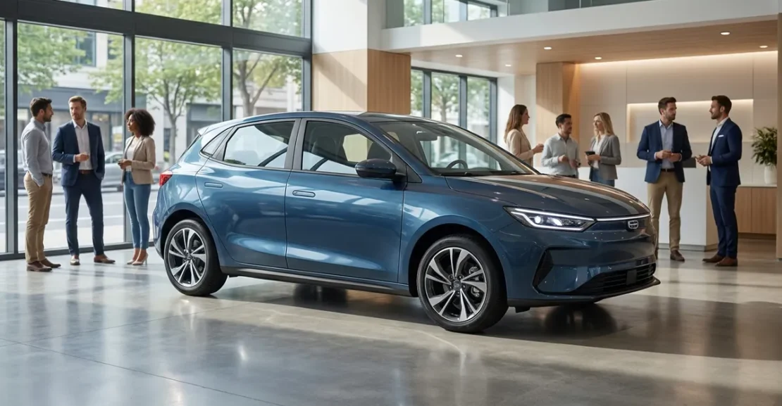Geely EX2 elétrico em concessionária, destacando o sucesso do modelo e a alta procura nas lojas brasileiras.