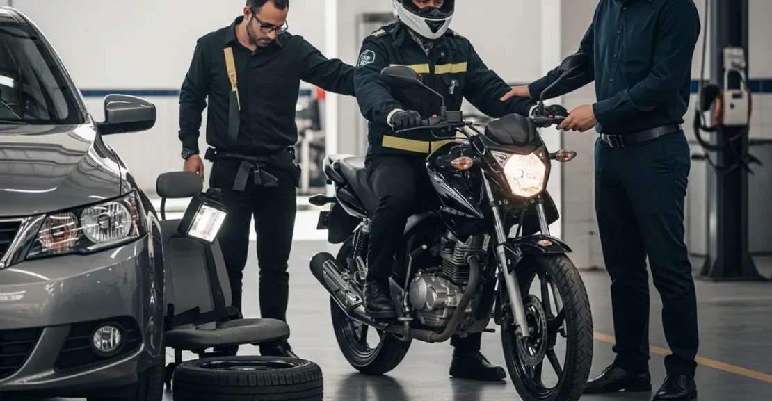 Painel de carro e motocicleta em inspeção, representando os equipamentos obrigatórios que devem estar funcionando para evitar multa.