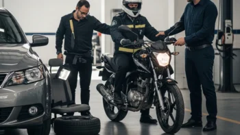 Painel de carro e motocicleta em inspeção, representando os equipamentos obrigatórios que devem estar funcionando para evitar multa.