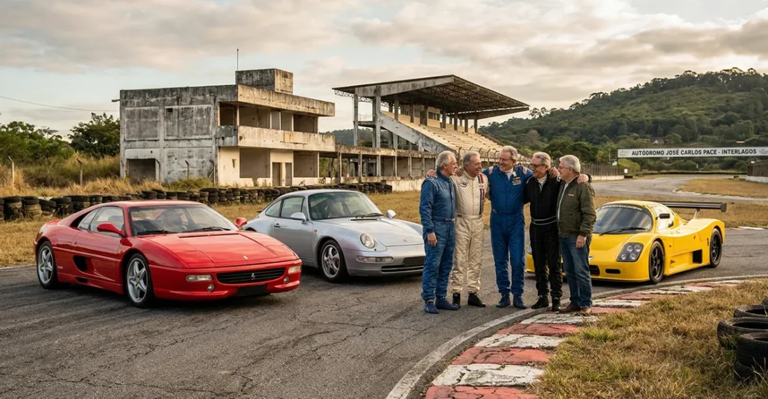 Pilotos veteranos em Interlagos com carros esportivos dos anos 1990, representando a nostalgia pelo traçado antigo do autódromo.