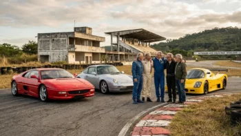 Pilotos veteranos em Interlagos com carros esportivos dos anos 1990, representando a nostalgia pelo traçado antigo do autódromo.