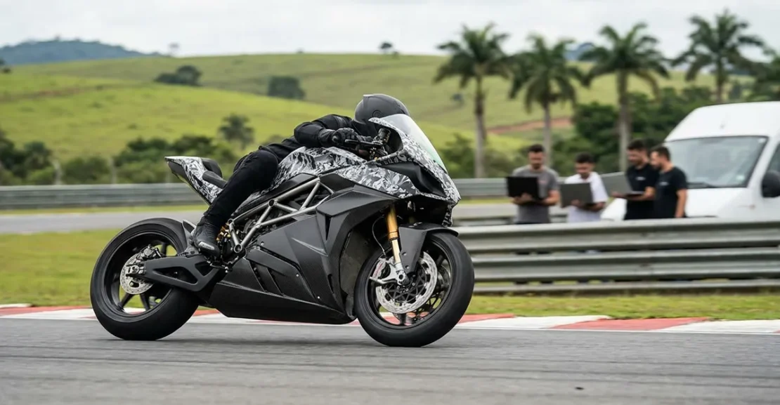 Protótipo de moto elétrica da Yamaha em pista, destacando o visual esportivo e a proposta futurista da marca.