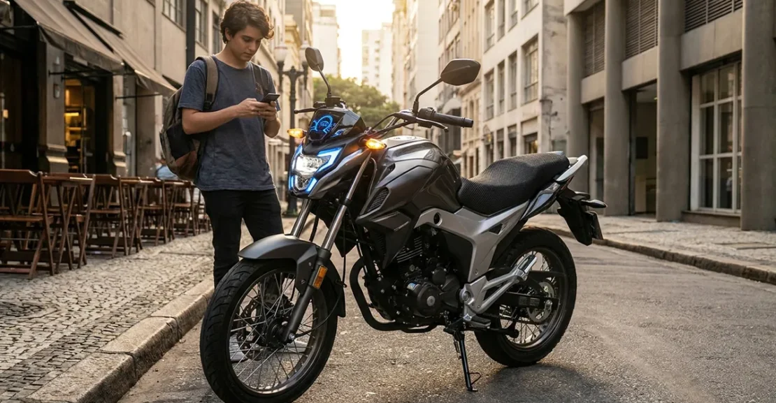 Shineray SHI 170 em destaque, mostrando a proposta urbana da moto e os recursos tecnológicos como painel digital e iluminação full LED.