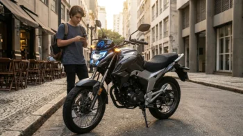 Shineray SHI 170 em destaque, mostrando a proposta urbana da moto e os recursos tecnológicos como painel digital e iluminação full LED.